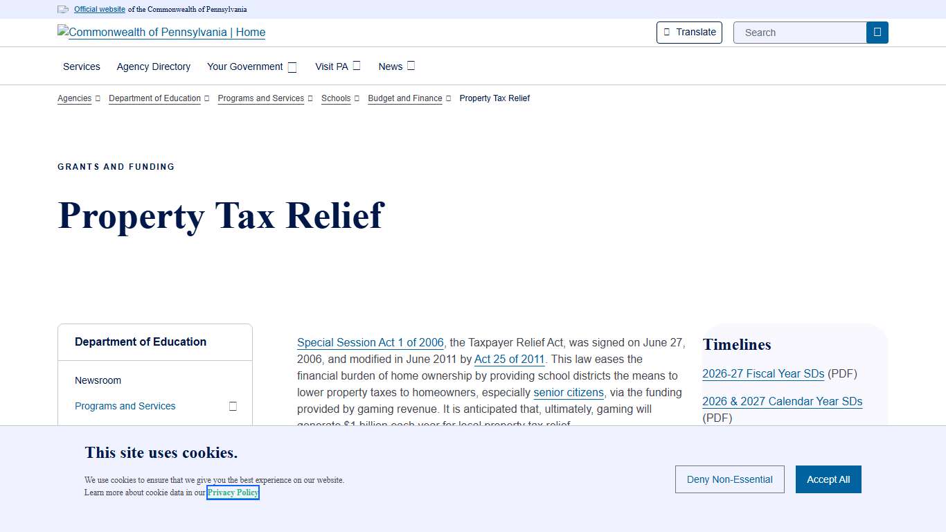 Property Tax Relief Department of Education Commonwealth of Pennsylvania